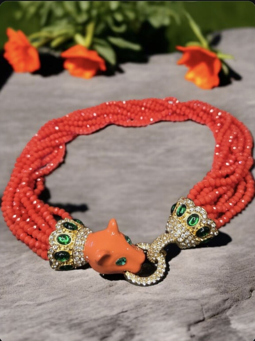 Fabulous Chunky Enamel Emerald Crystal Panther Torsade Statement Necklace